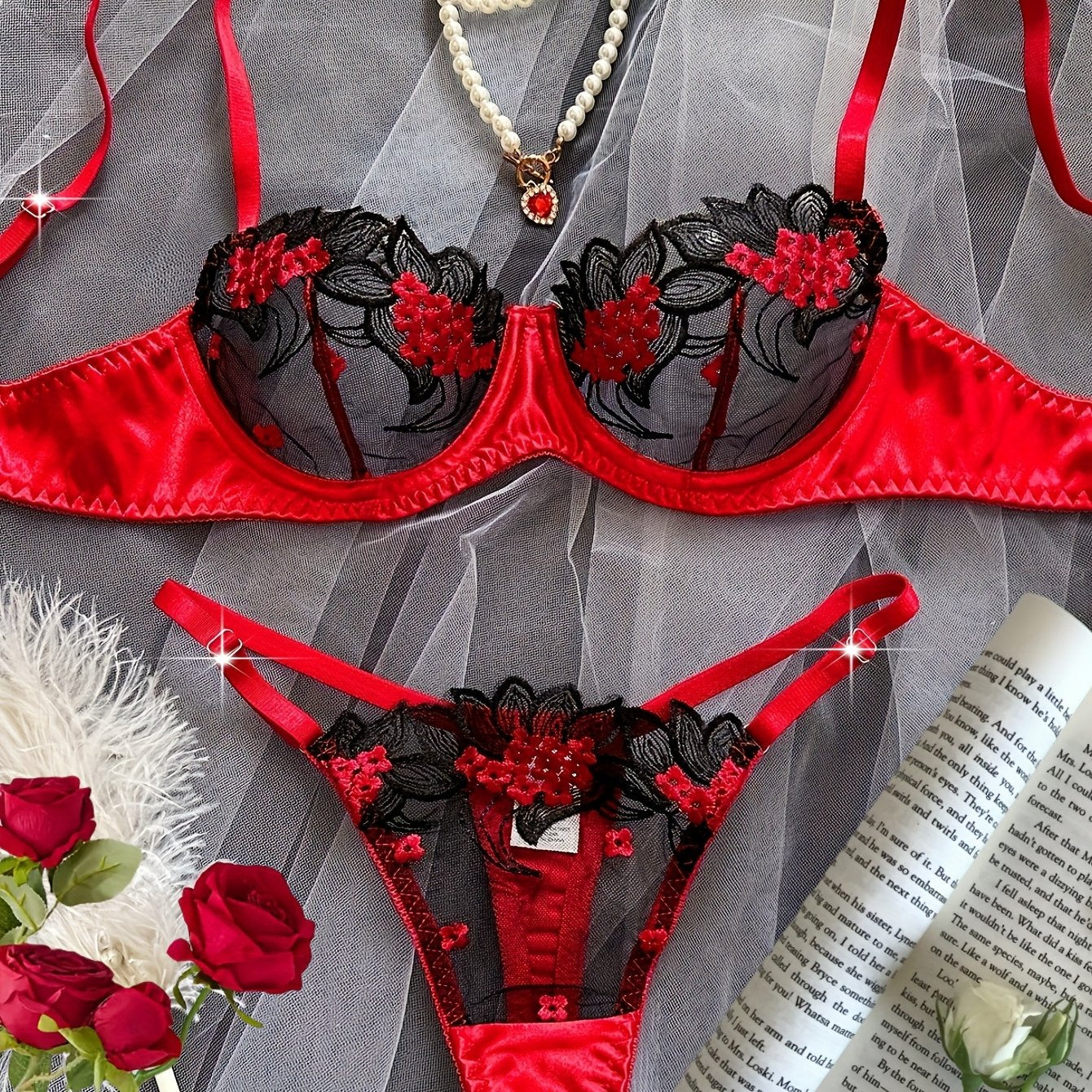 Floral embroidered mesh bra and panty set with medium support. Made of 95% polyester and 5% elastane. Perfect for dating and parties.