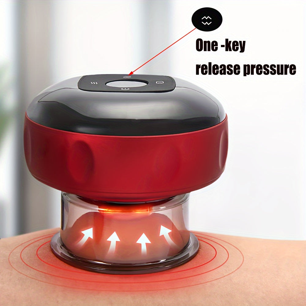 Portable electric vacuum cupping machine for home spa, rechargeable via USB with heating function for back, neck, and arm massage. Powered by 18650 battery at 36V or lower.