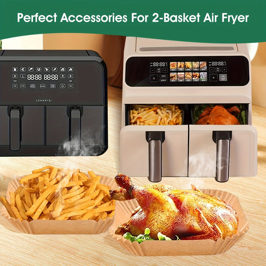 Large Rectangular Silicone Paper Air Fryer Liners, available in 50 or 100 packs. These non-stick, easy to clean liners are oven safe and perfect for baking, cooking, and serving food. A convenient and space-saving kitchen tool for home chefs.