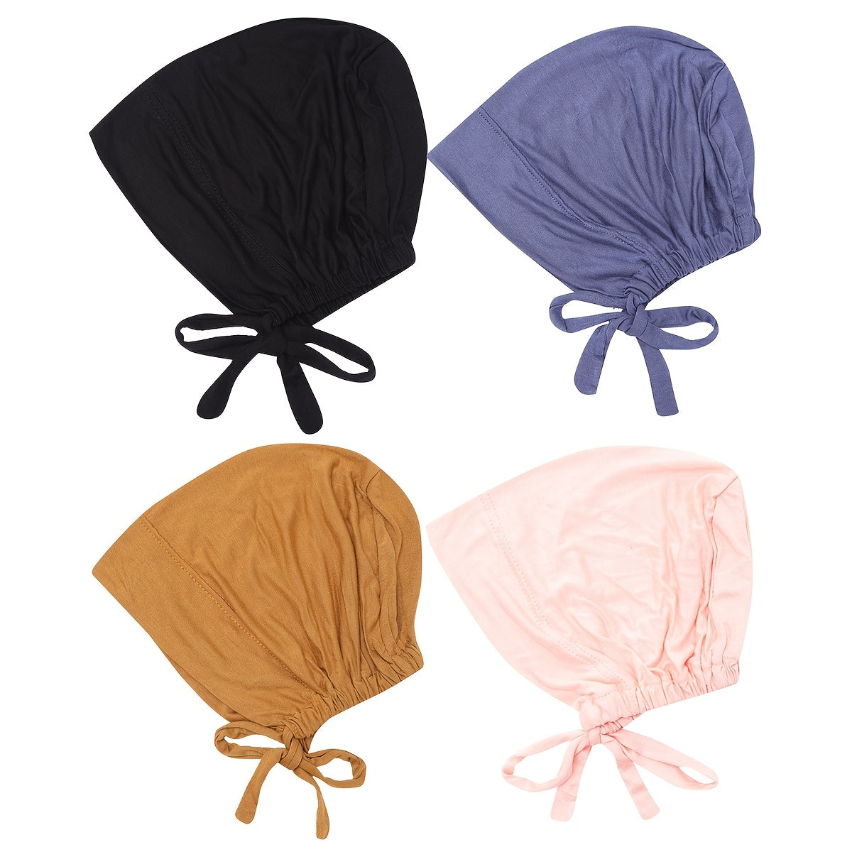 Adjustable Modal Undercap Set includes 4pcs of breathable, stretchy lace-up inner hijab caps for women in solid colors.