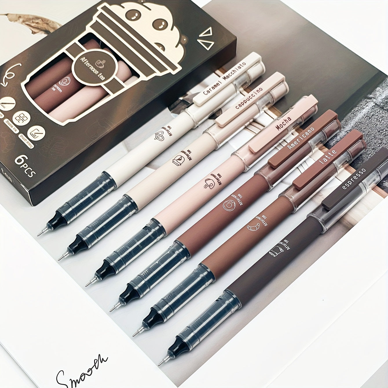 6/8 Coffee Theme Gel Pens with Quick-Drying Ink, No Smudge Soft Touch for Note taking, Drawing, School & Office.