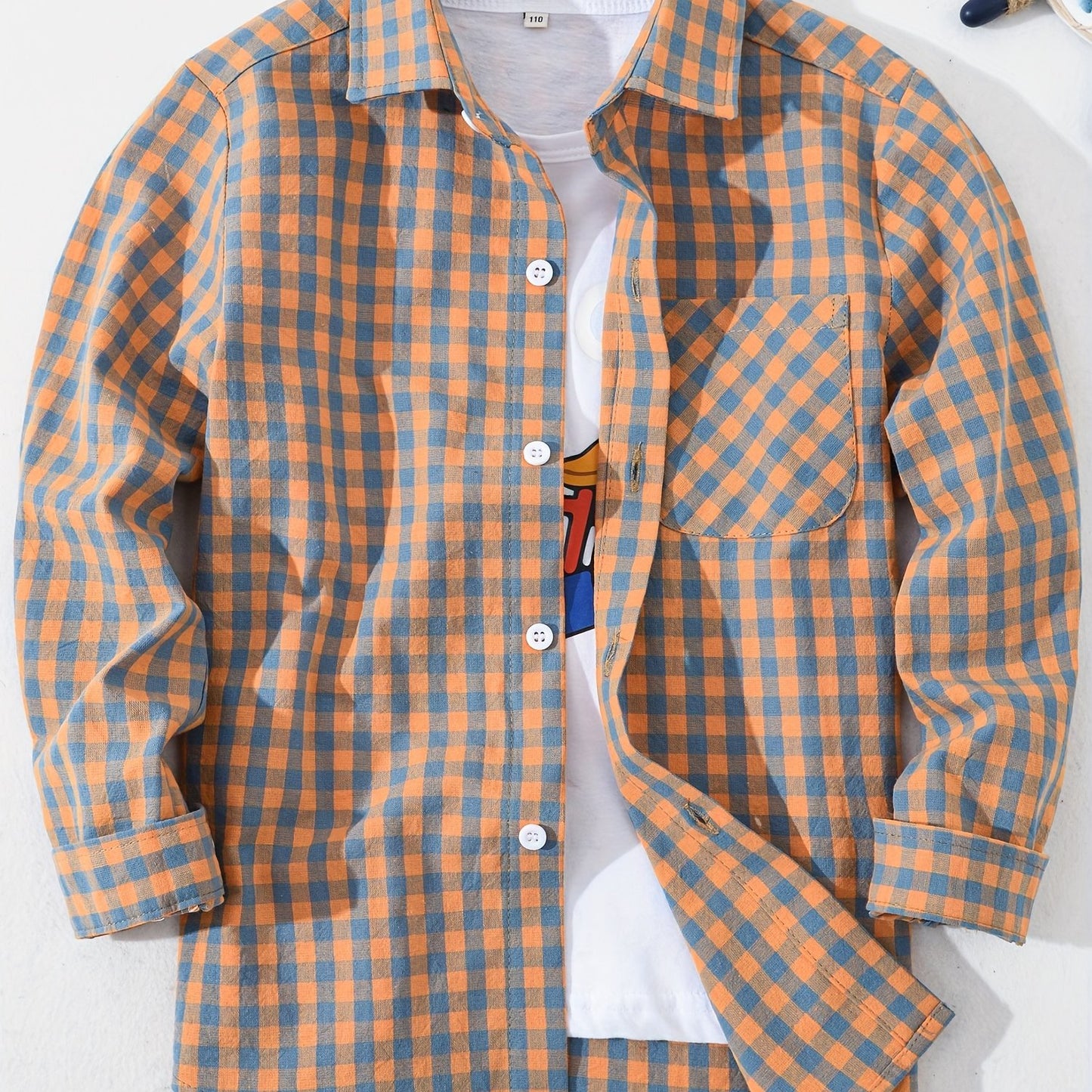 Children's preppy plaid long sleeve shirt made from 100% cotton woven fabric. Features a regular fit with lapel collar and button details. Non-stretch material suitable for boys and girls.