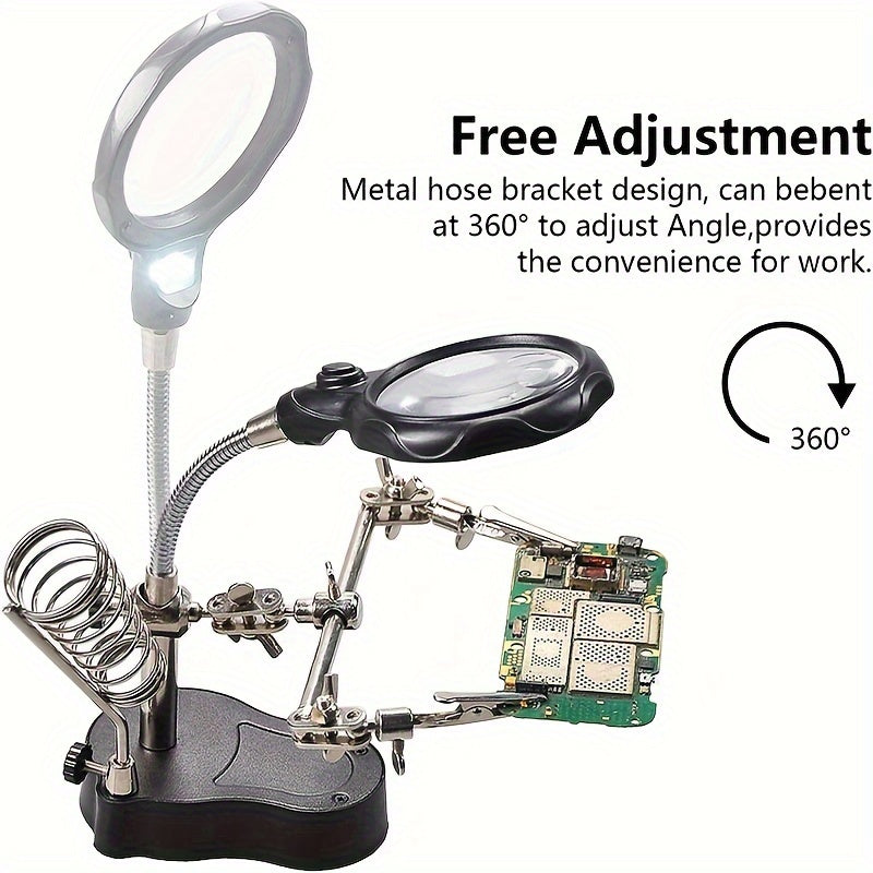 Adjustable folding magnifying glass with light for electronic inspection and repair work