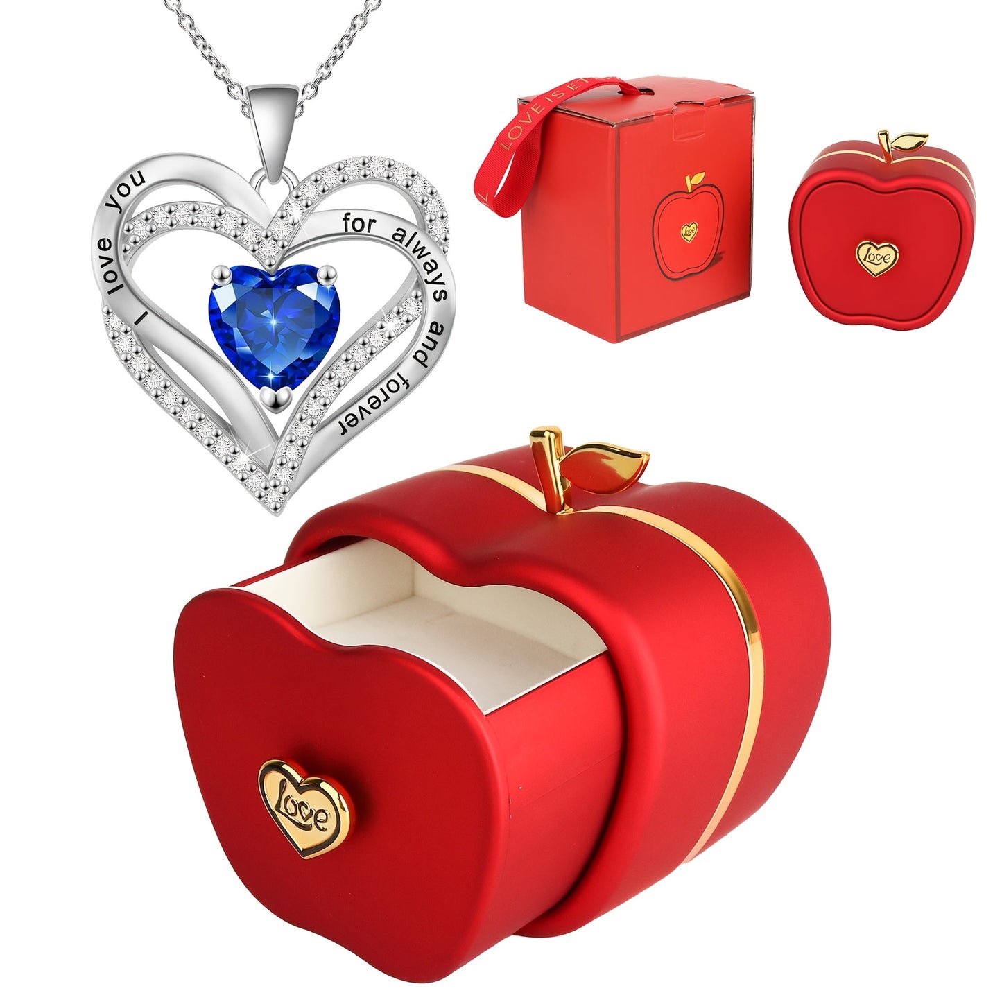 Stunning Double Heart Pendant Necklace in an Exquisite Red Apple Gift Box, Crafted with Silver Plated Copper and Synthetic Zirconia, a Versatile Piece of Jewelry Perfect for Any Occasion. Great for Gifting during Christmas, Valentine's Day, Mother's Day