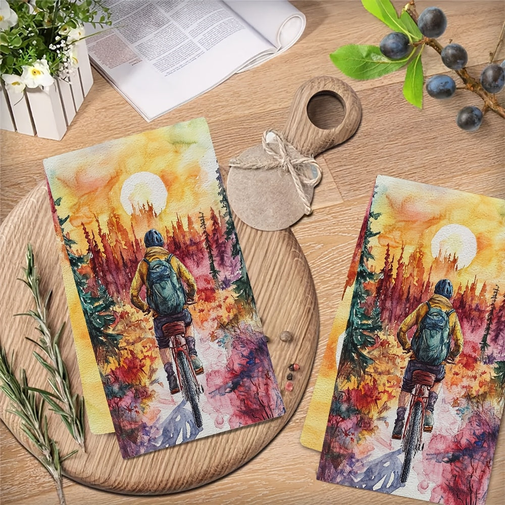 Set of 2 Ultra Soft Kitchen Towels featuring a Vibrant Bicycle Adventure Design, with High Absorbency and Machine Washable properties. Each towel measures 40.64x60.96 cm - Perfect for Holiday Decor. The Sunset Landscape Print adds a charming touch to