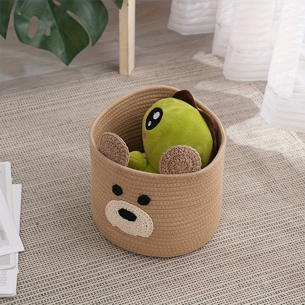 Oyhomo brown bear storage basket suitable for toys and gifts, 23.11x19.05 cm, woven rope design, ideal for stuffed animal storage.