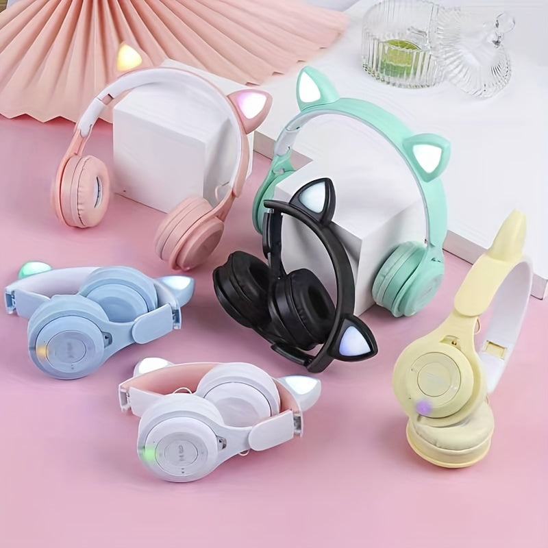 Wireless headset with foldable, luminous cat ears and colorful LED lights, perfect gift for birthdays, travel, and everyday use on tablets, computers, TVs, and cellphones.