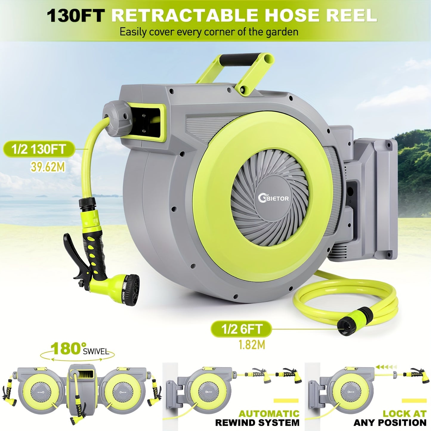 BIETOR Retractable Garden Hose Reel with 130ft vinyl hose, EU standard connector, 1/2 inch pipe, 9-pattern nozzle, slow rewind system, 180° swivel, and length lock.