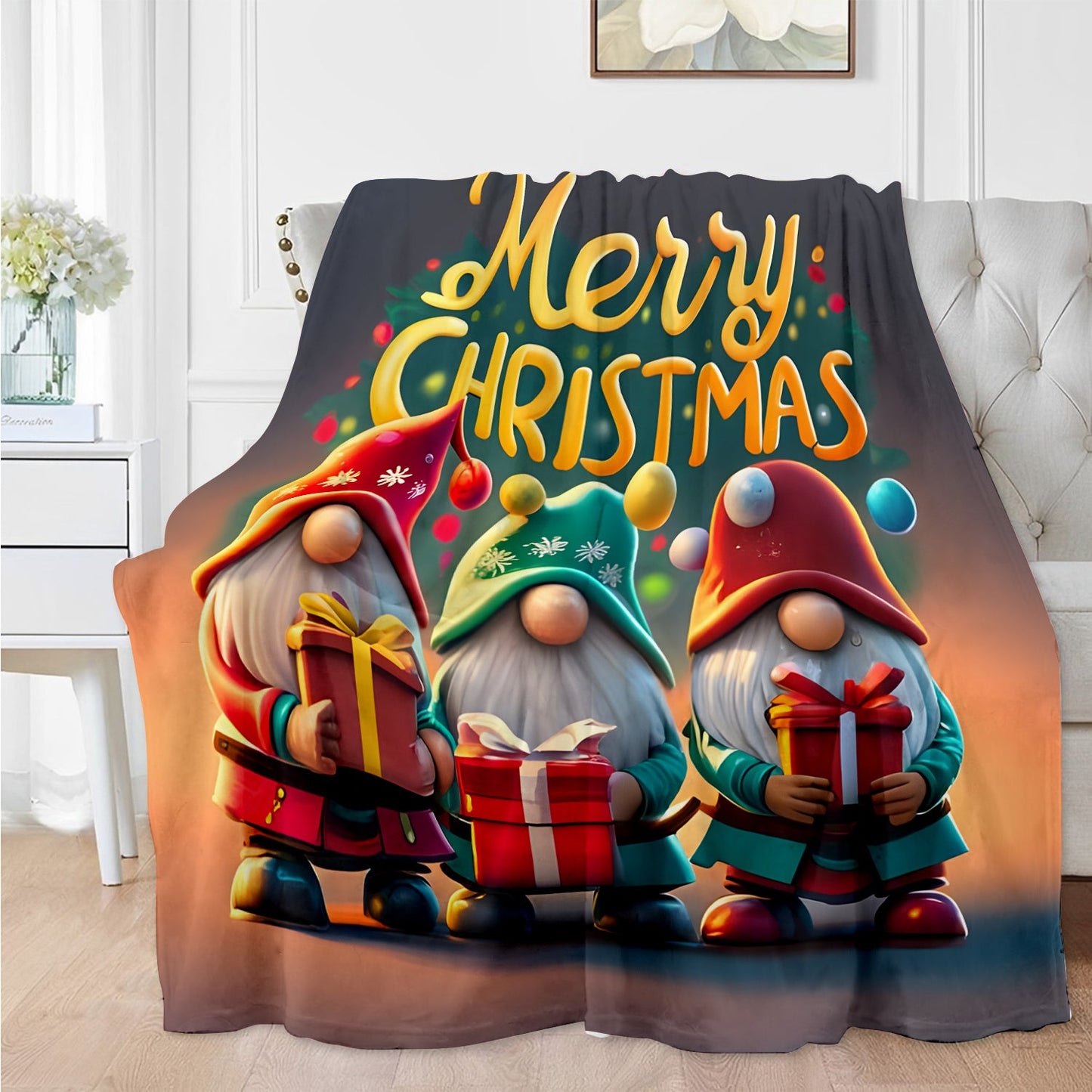 Celebrate the Holidays with a Cozy Printed Flannel Blanket featuring Christmas Gnomes & Gifts - Perfect for Sofa, Office, Bed, Camping, and Travel - Stay Warm and Stylish with Soft Polyester Cover and Light Fabric Weight of 200-250g.