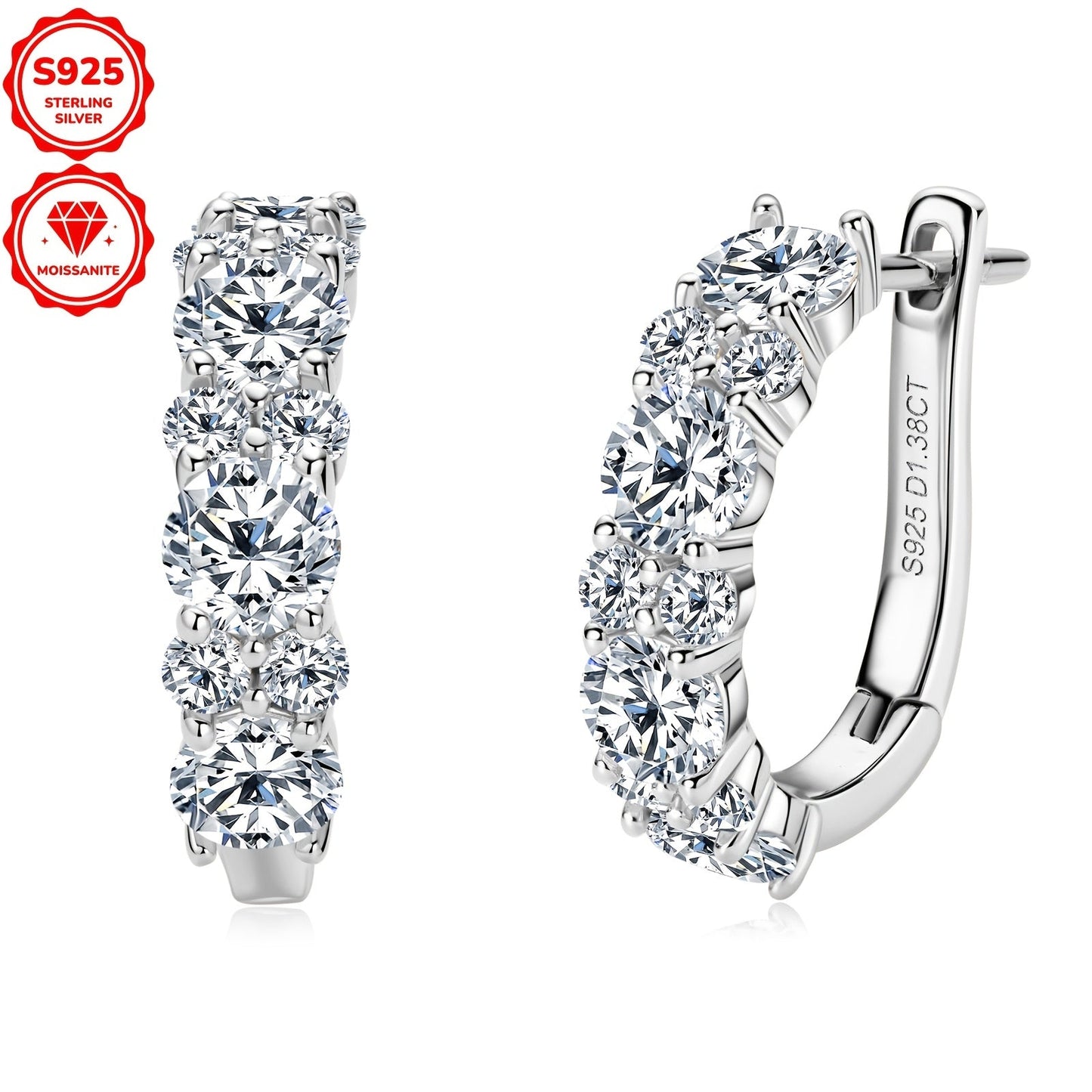 Elegant and luxurious, these hoop earrings are made of 925 sterling silver plated with synthetic moissanite stones. With a 14K golden finish, these earrings feature a total silver weight of 2.36g and are adorned with 4mm and 2mm stones totaling 1.38ctw.