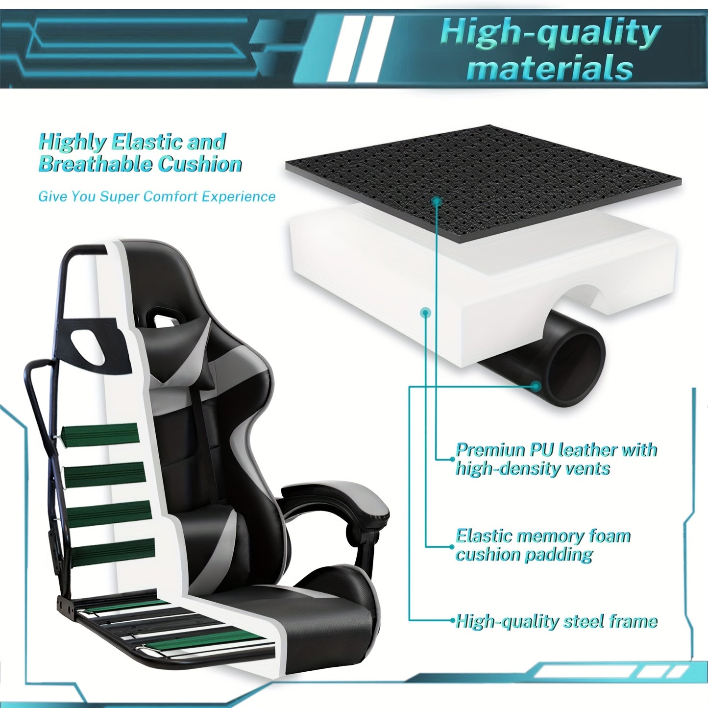 Ergonomic gaming chair with footrest, high back, adjustable headrest and lumbar support in white and black for home office.