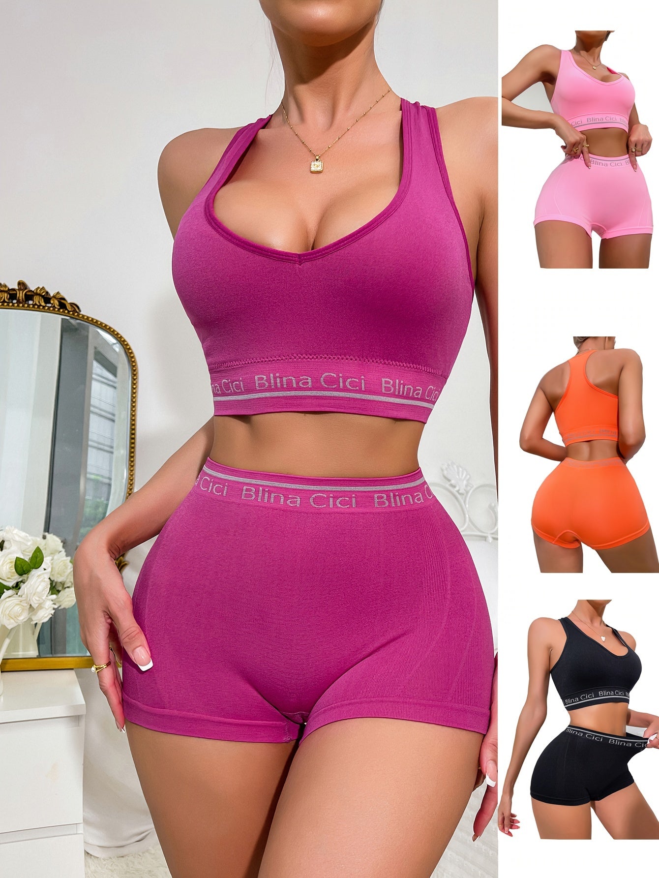 4-piece lingerie set including letter print bra, panties, push-up sports bra, and elastic panties. A stylish set for women's lingerie and underwear needs.