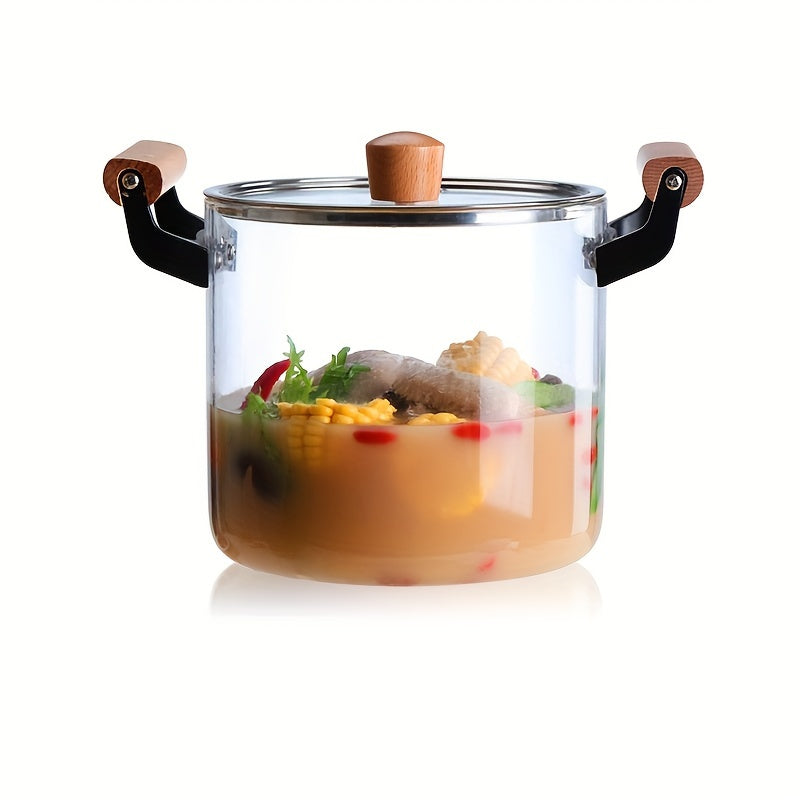 This soup pot with a lid and double wooden handle is perfect for cooking a variety of dishes. Made of safe glass, this household kitchen glass cooker is ideal for making pasta, noodles, soup, juice, and milk. Complete your kitchen supplies with this