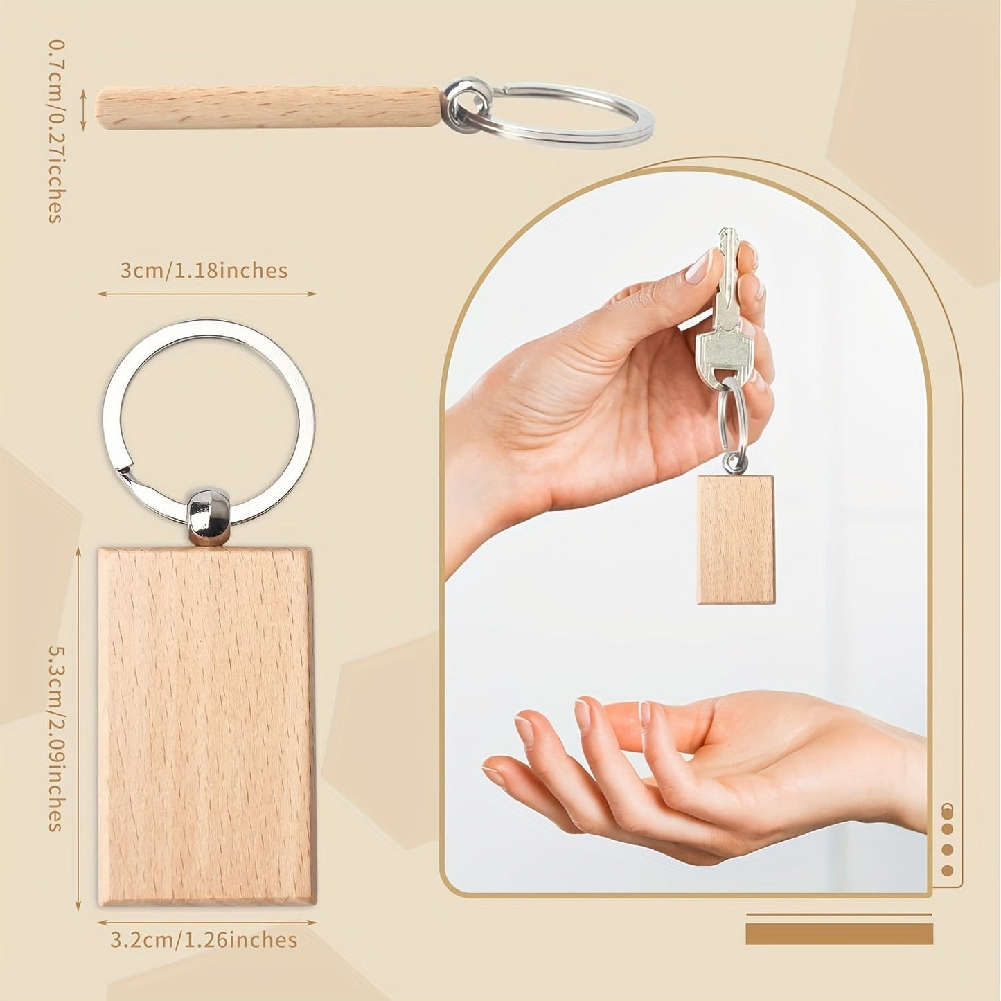 Twenty pieces of wooden key chain blanks, rectangular in shape, suitable for key chains. These wood blanks can be engraved and used for making jewelry and other craft projects.