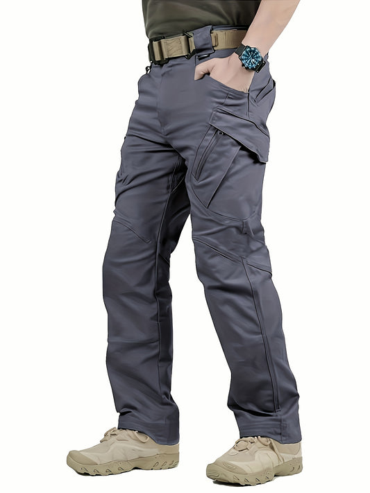 Men's tactical pants with multiple pockets, machine washable polyester, suitable for all seasons.