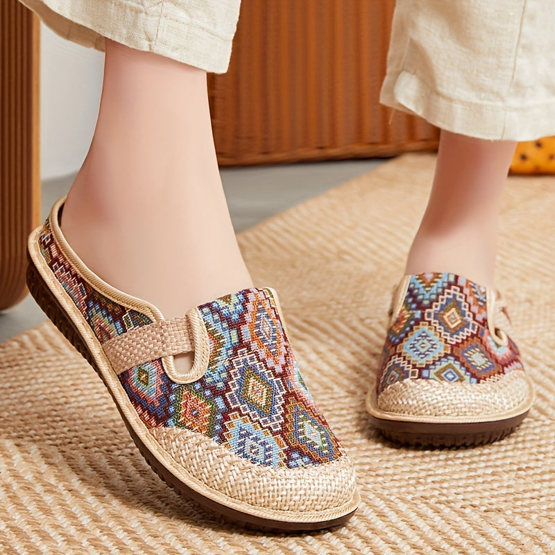 Colorful geometric print mules for women, comfortable for daily wear.