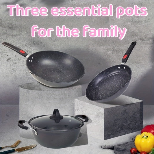 Set of three pots, including a stone pot, frying pan, and boiling pot. Perfect for family meals and stir-frying, with non-stick coating for easy cooking. Great for steaks and Chinese dishes.