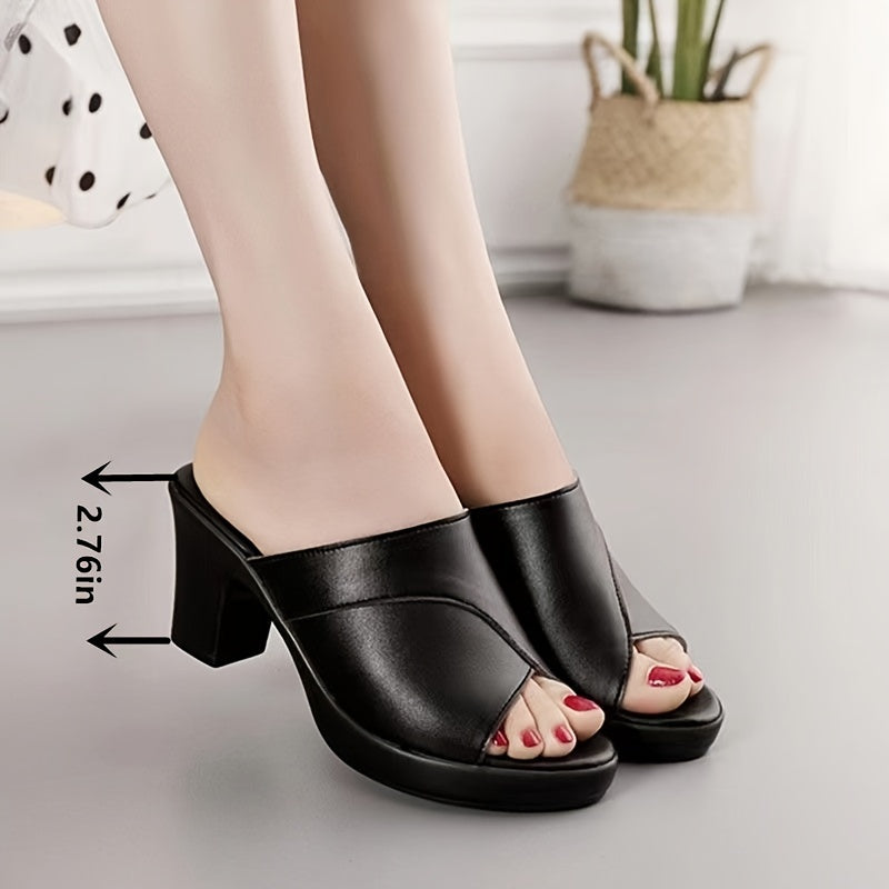 Stylish black peep-toe sandals from the Chic Summer 2024 Collection feature a comfortable slip-on design with thick sole and block heel, soft faux cover, and non-slip high heel slides for