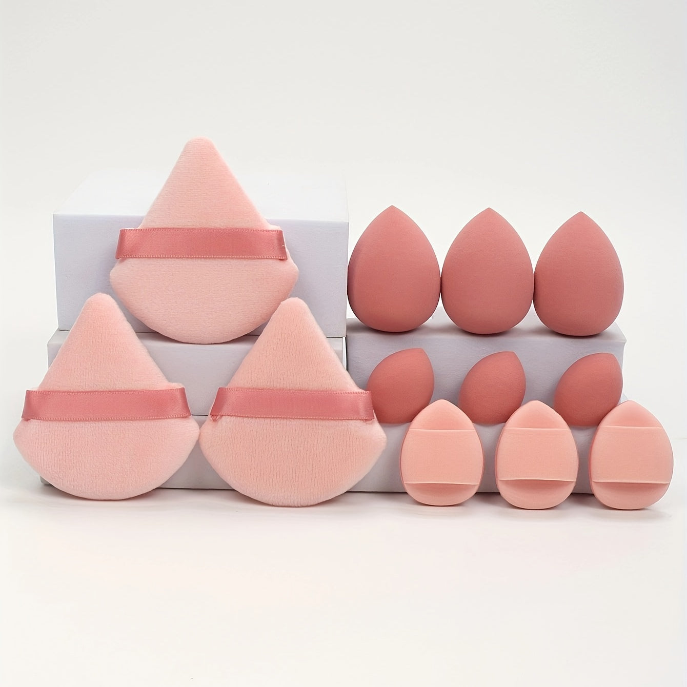 12pcs makeup sponge set includes loose powder puffs, mini air cushion puffs, makeup sponges, and mini makeup sponges. Latex-free, suitable for all skin types.