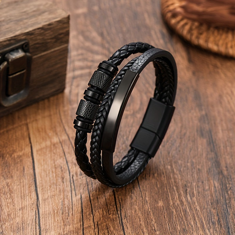 A stylish men's leather bracelet crafted from durable black stainless steel, accented with a touch of punk flair. Featuring a magnetic buckle closure and intricately handwoven details, this versatile accessory is perfect for any business or casual