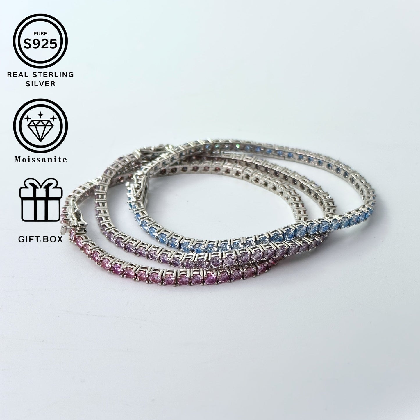 Gift this stunning S925 Silver Tennis Bracelet with a sparkling single stone in Pink/Purple/Blue Moissanite to men and women. Perfect for birthdays, Valentine's Day, weddings, and Christmas. Make brides feel extra special with this precious piece.