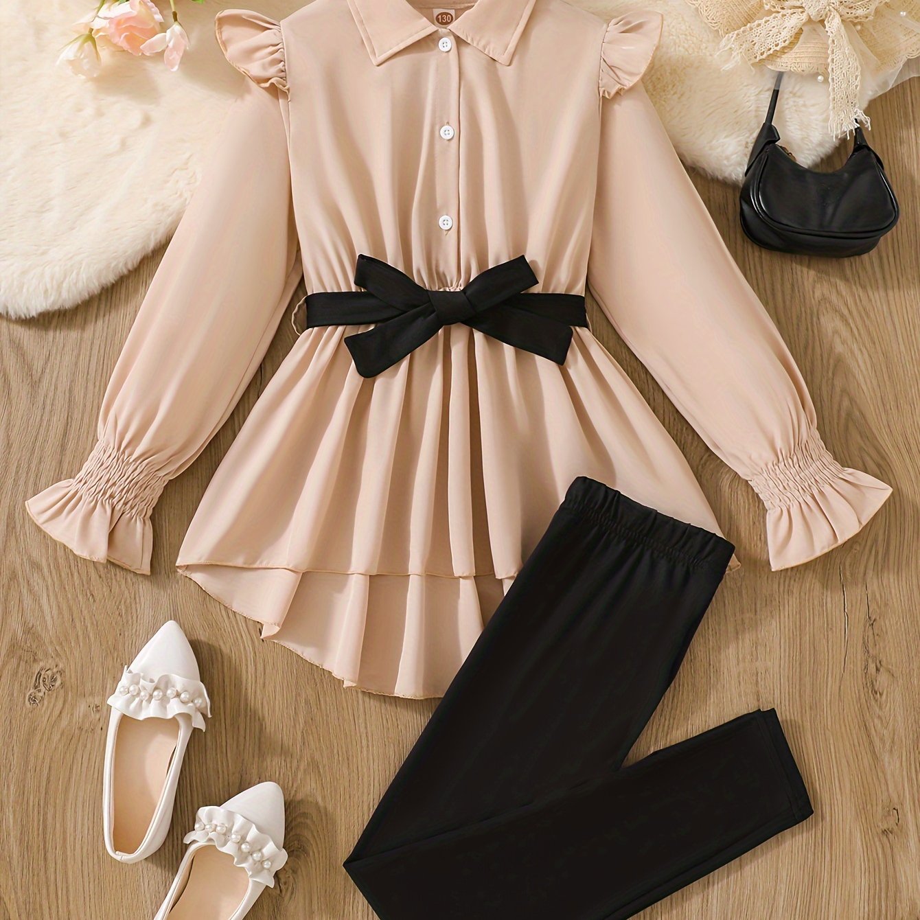 2-piece apricot peplum blouse top and solid pants set for girls' casual outdoor wear in spring and fall