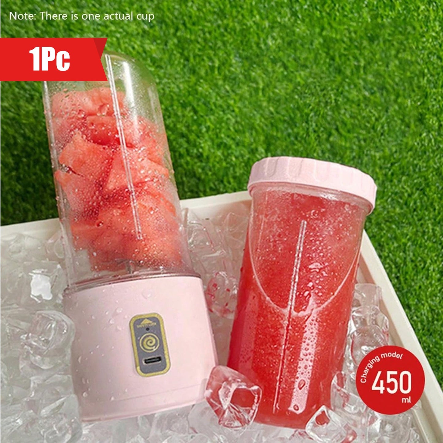 Portable juicer cup with multifunctional features - can be charged via USB with a 1500mAh lithium polypropylene battery. Easy to clean, with a 6-blade design and wireless capability. Capacity is less than 1L, perfect for travel or home use.