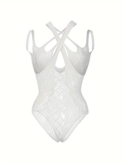 Sophisticated lace and mesh bodysuit for women, featuring sexy cutouts and a low support design.