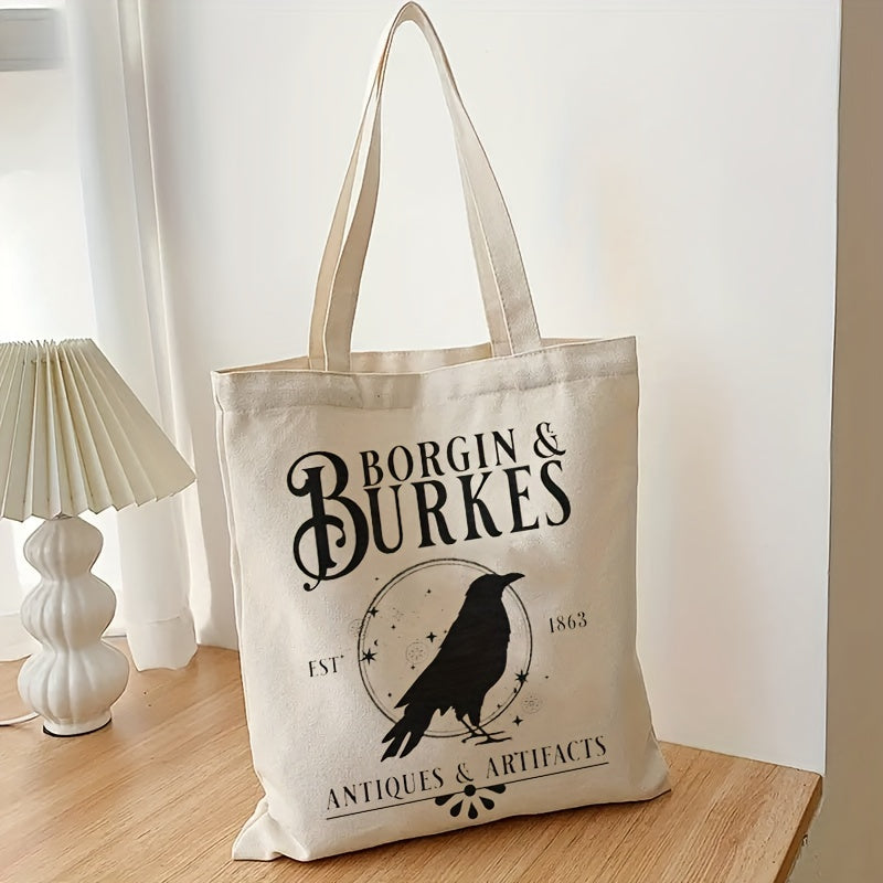 Borgin And Burkes" Crow Pattern Canvas Tote Bag, Reusable Shopping Bag - 1 piece