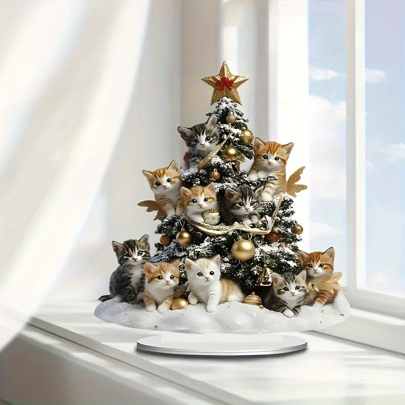 Boho Style Acrylic Cat Christmas Tree Decoration - Charming Tabletop Kitten Ornament, Versatile Holiday Accent for Home & Dining Table, Battery-Free, Adorable Cat Christmas Decor made of Polypropylene, Plate, or Nightstand