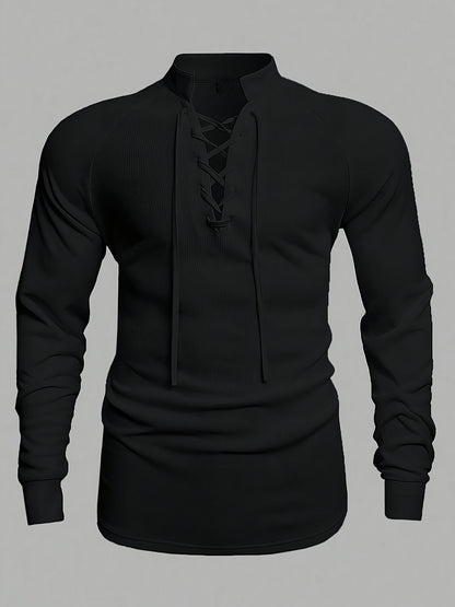 Men's casual stand collar lace-up neck t-shirt made of polyester blend knit fabric with medium stretch in a solid color, regular fit for spring/fall.