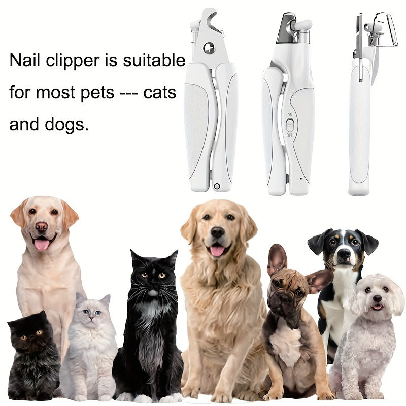 LED pet nail clippers with USB charging and file, anti-splash.