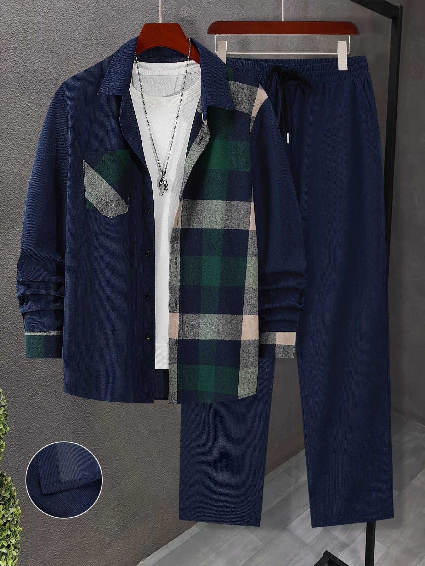 Men's Casual 2-Piece Outfit: Plaid Button-Up Shirt & Drawstring Pants