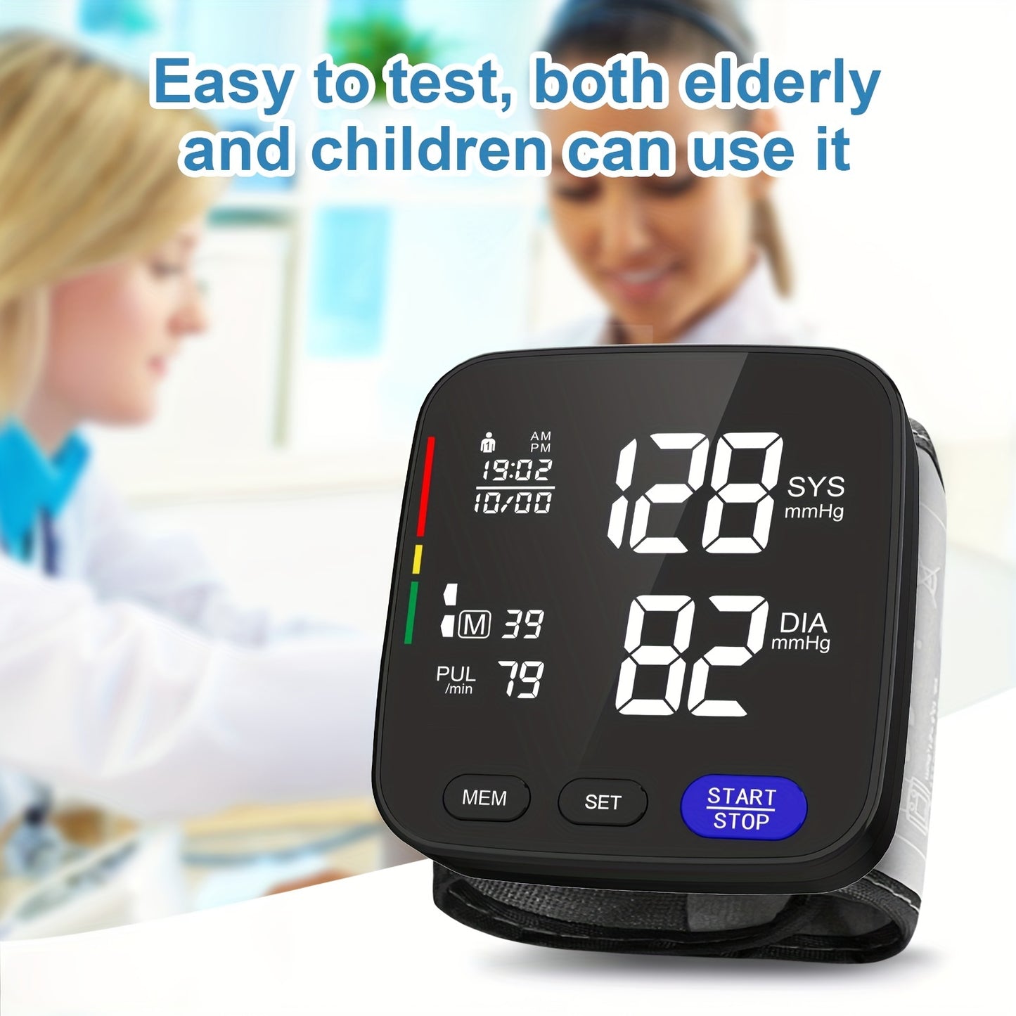 Household wrist blood pressure monitor, portable and wireless, can store up to 180 readings for two users (battery not included).