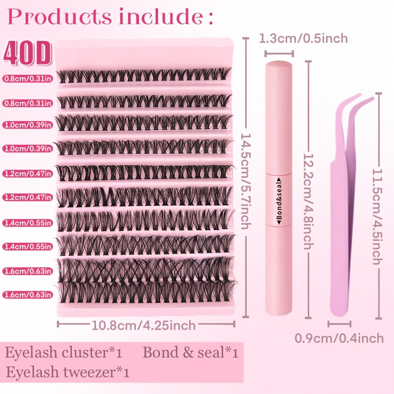 Luxurious DIY eyelash extension kit with 30P, 40P, and 80P lashes, featuring ultra-fine 0.07mm lash clusters in C and D curls (8-16mm). Suitable for beginners with lightweight 3D Russian