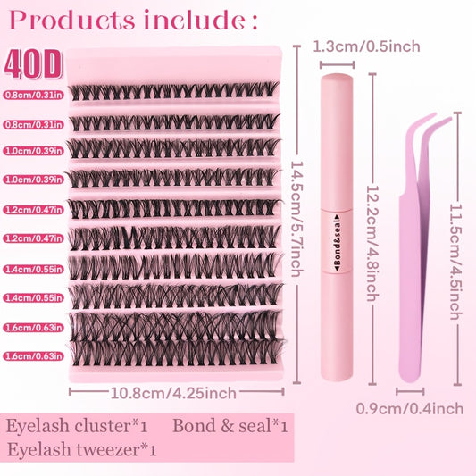 Luxurious DIY eyelash extension kit with 30P, 40P, and 80P lashes, featuring ultra-fine 0.07mm lash clusters in C and D curls (8-16mm). Suitable for beginners with lightweight 3D Russian