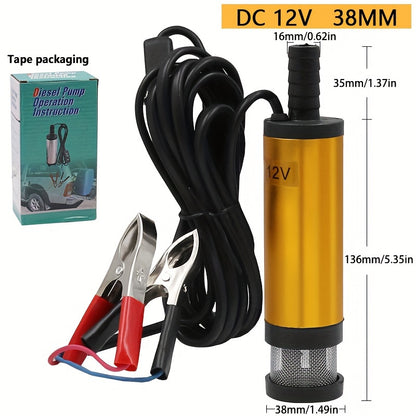 DC 12V 24V Submersible Pump for Diesel and Water, Aluminum Alloy Golden Shell, 12L/min Flow Rate.