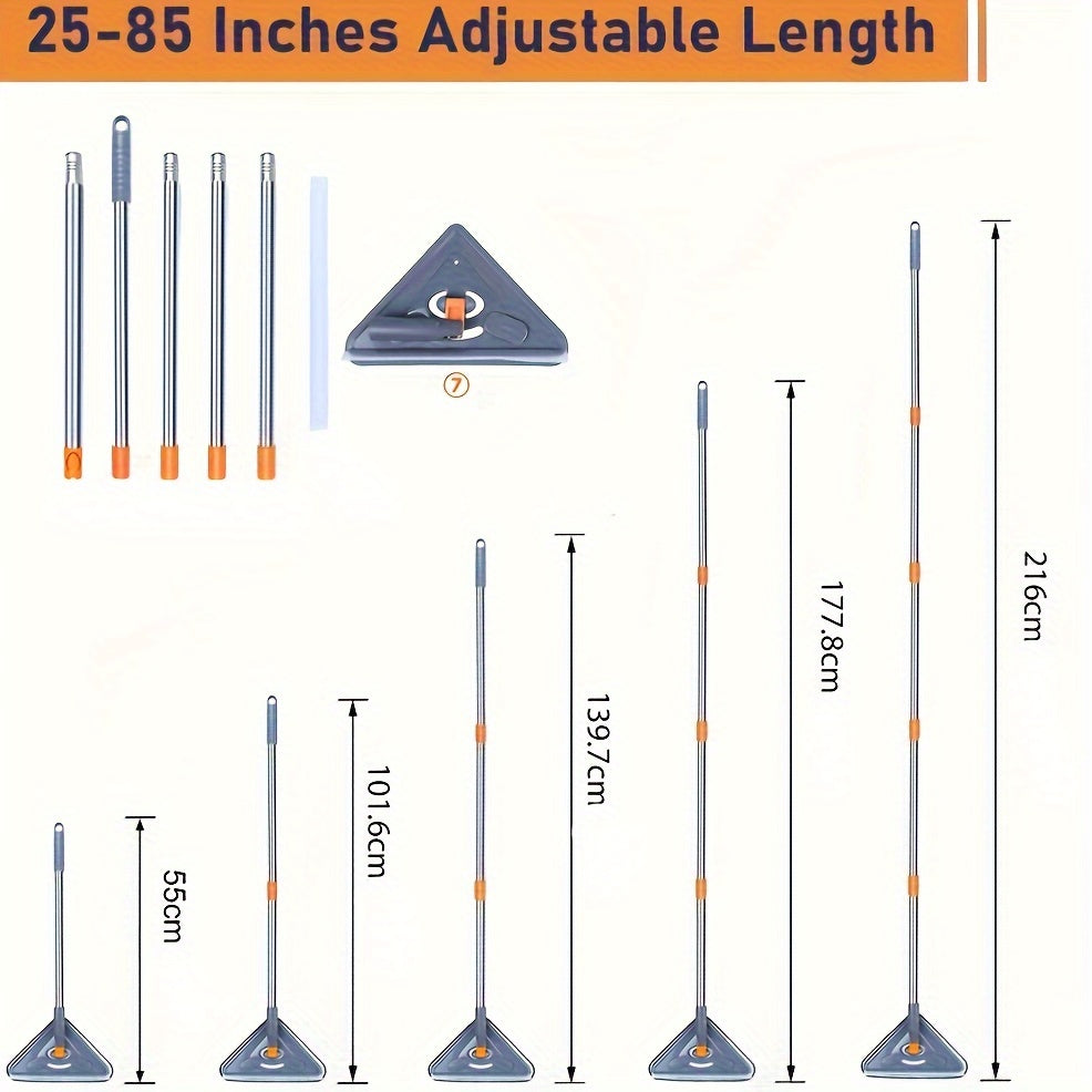 This wall cleaning mop features a long handle and includes 6 refill pads. The extendable mop can reach lengths between 63.5 and 215.9 cm and has a triangular shape for easy access to walls, ceilings, windows, and floors. It comes with a mop holder and