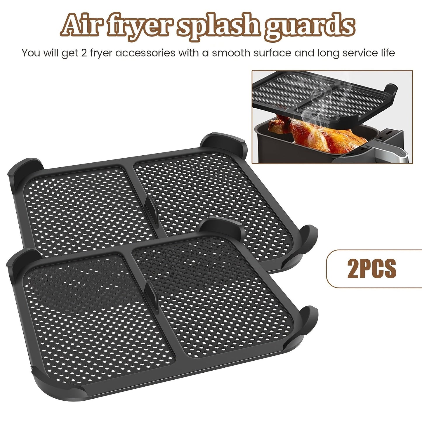 Two pieces of silicone splash guards designed for Ninja Air Fryer models AF400EU, AF451EU, AF400DE, AF451DE. These guards measure 21x16x1.5cm and are heat resistant up to 240℃. They serve as grease splatter shields and are compatible with various air