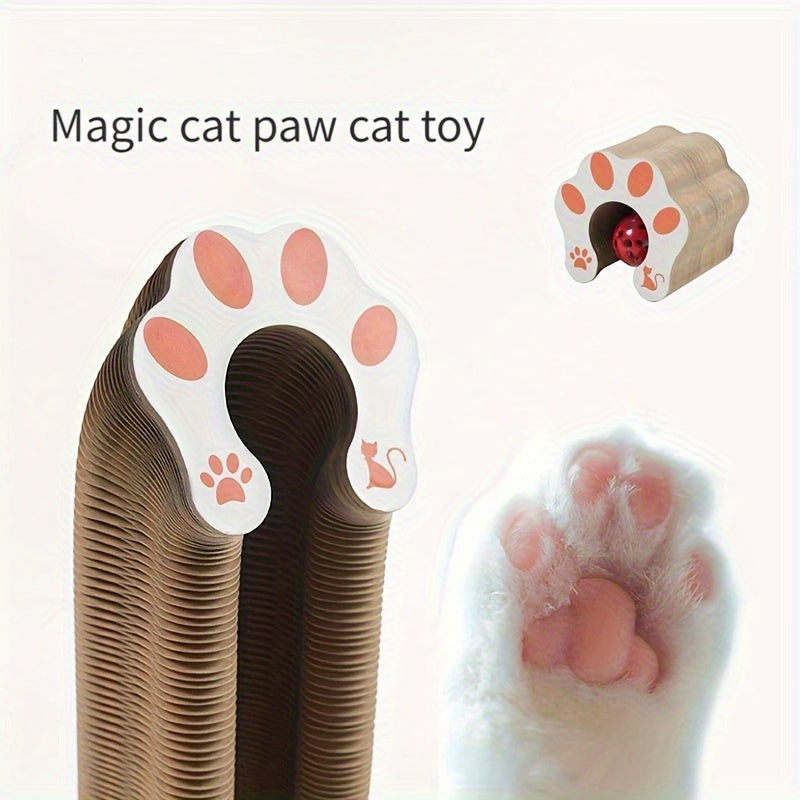 Cardboard cat paw toy with bell for safe scratching and endless entertainment, ideal for cats.