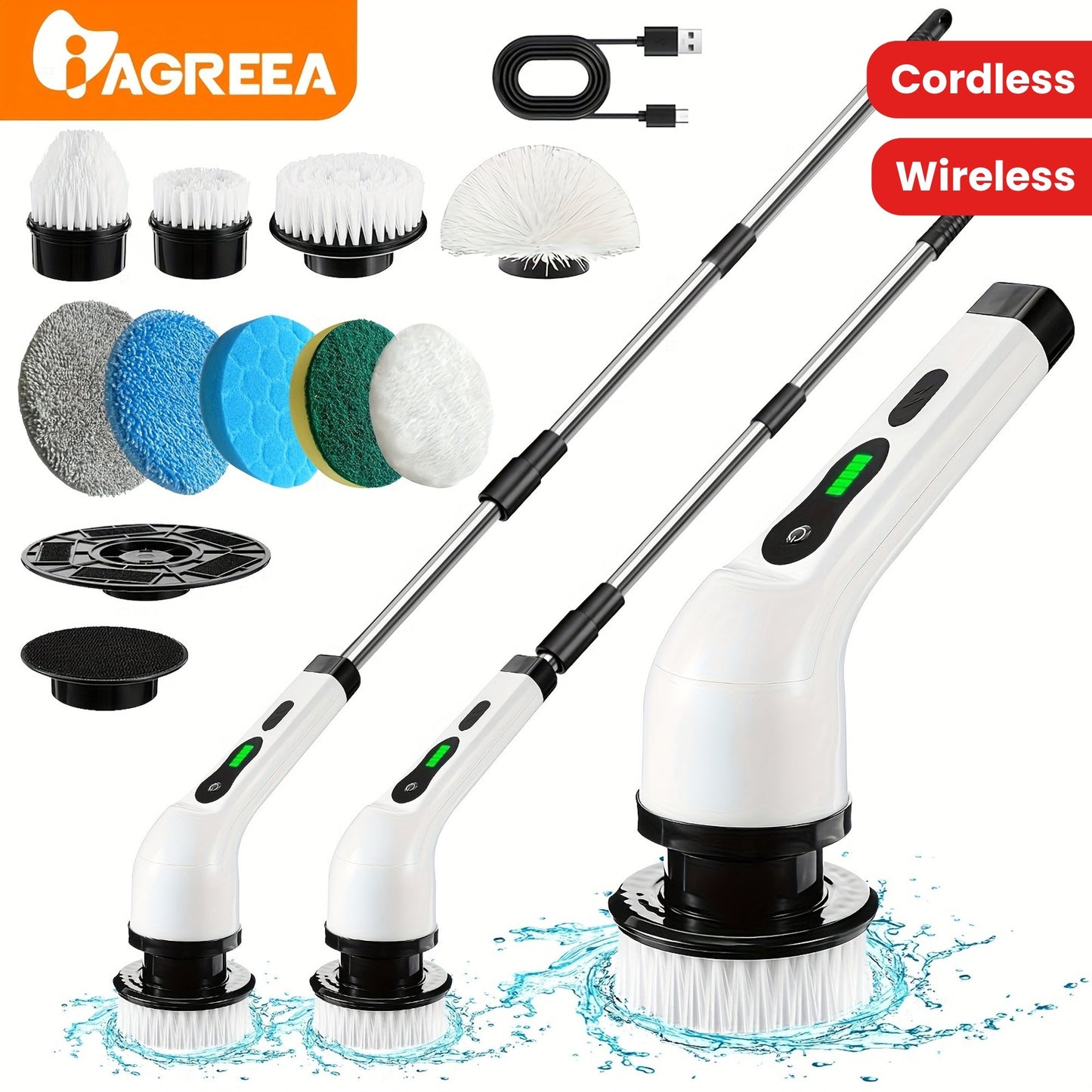 The electric cleaning brush features a rotary floor scrubber, wireless design, and 8 replaceable brush heads. With an adjustable extension handle and 360-degree rotation, this cordless cleaning brush is perfect for bathrooms and bathtubs. It includes a