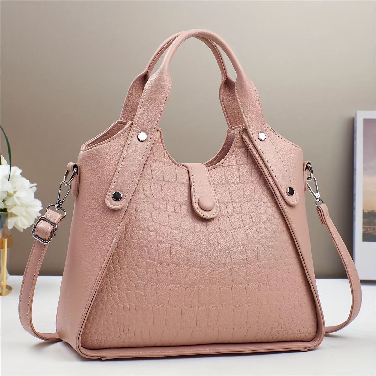 Women's Crocodile Pattern Shoulder Bag - Casual style faux leather handbag with zipper closure, polyester lining, adjustable strap, and elegant carry design