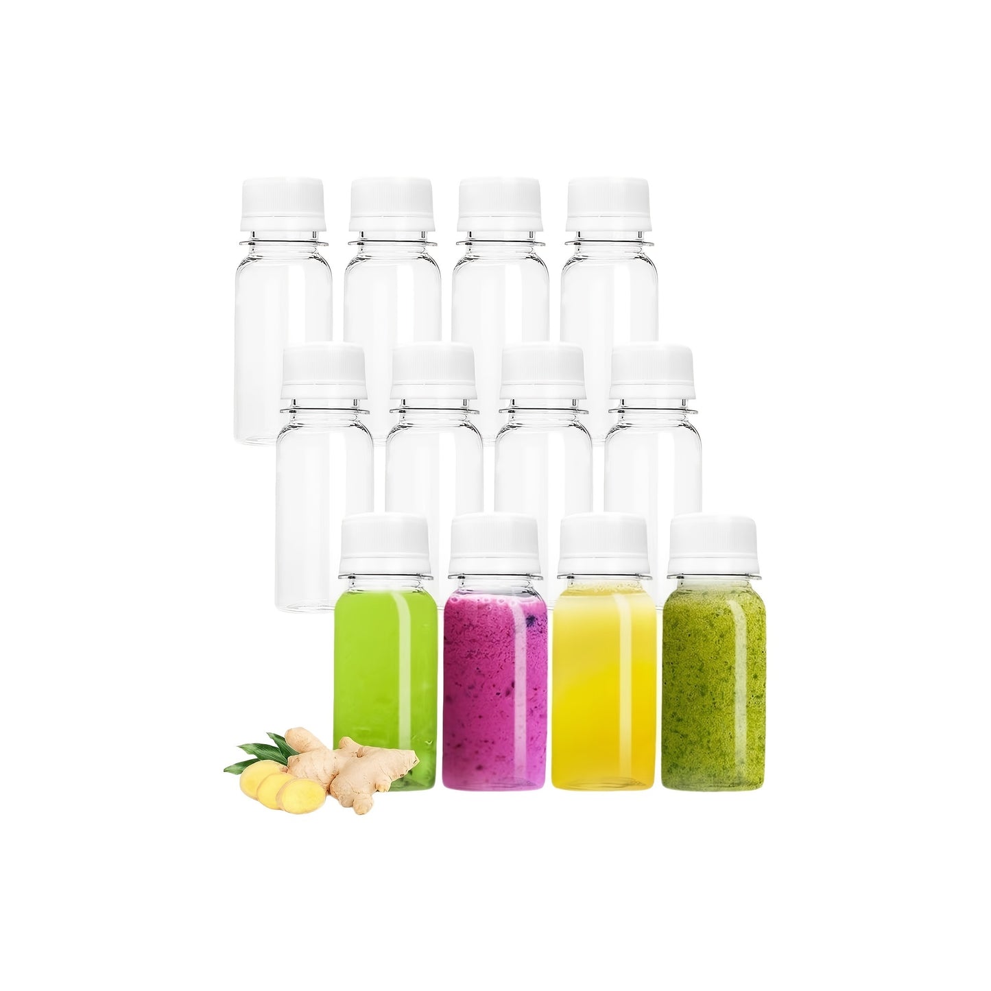 Leakproof 2oz mini shot bottles with screw caps made from food-grade plastic. Ideal for juice and wellness shots. Freezer safe and BPA-free.