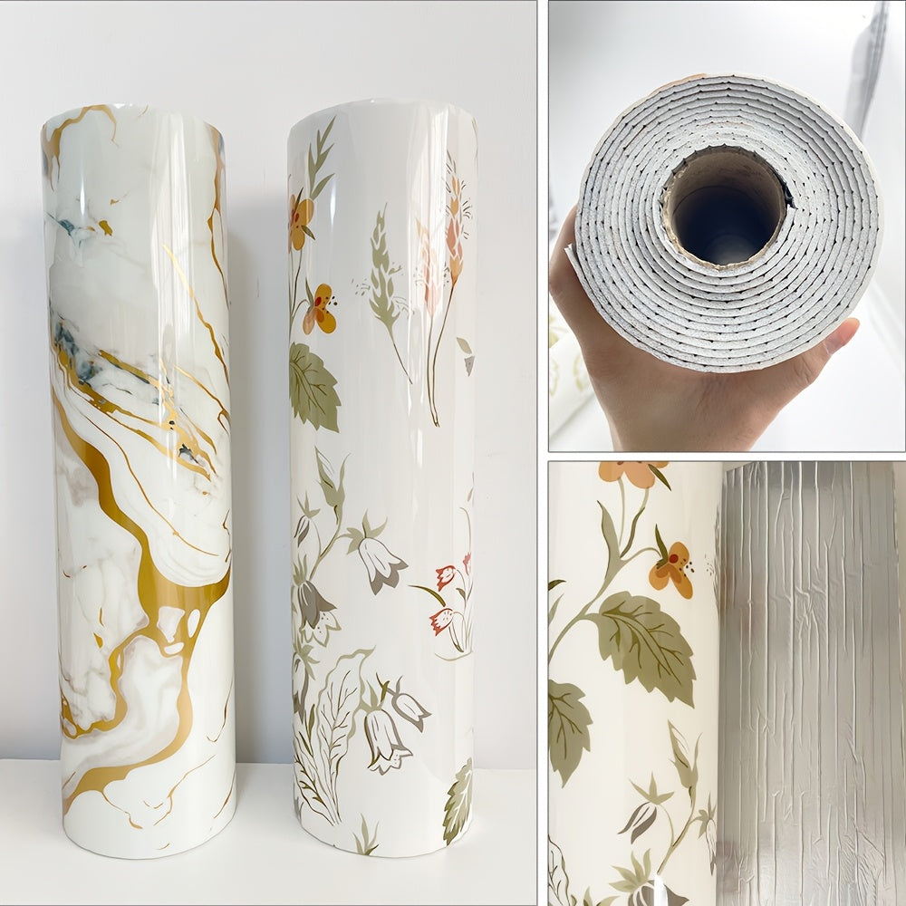 1 roll of waterproof and oil resistant marble patterned aluminum film self-adhesive wallpaper for decorating walls in living rooms, kitchens, and bathrooms.