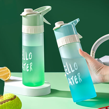 Large capacity gradient sports water bottle with spray function, made of durable PP, essential for summer cooling. Available in blue, green, or pink with "HELLO WATER" motif.