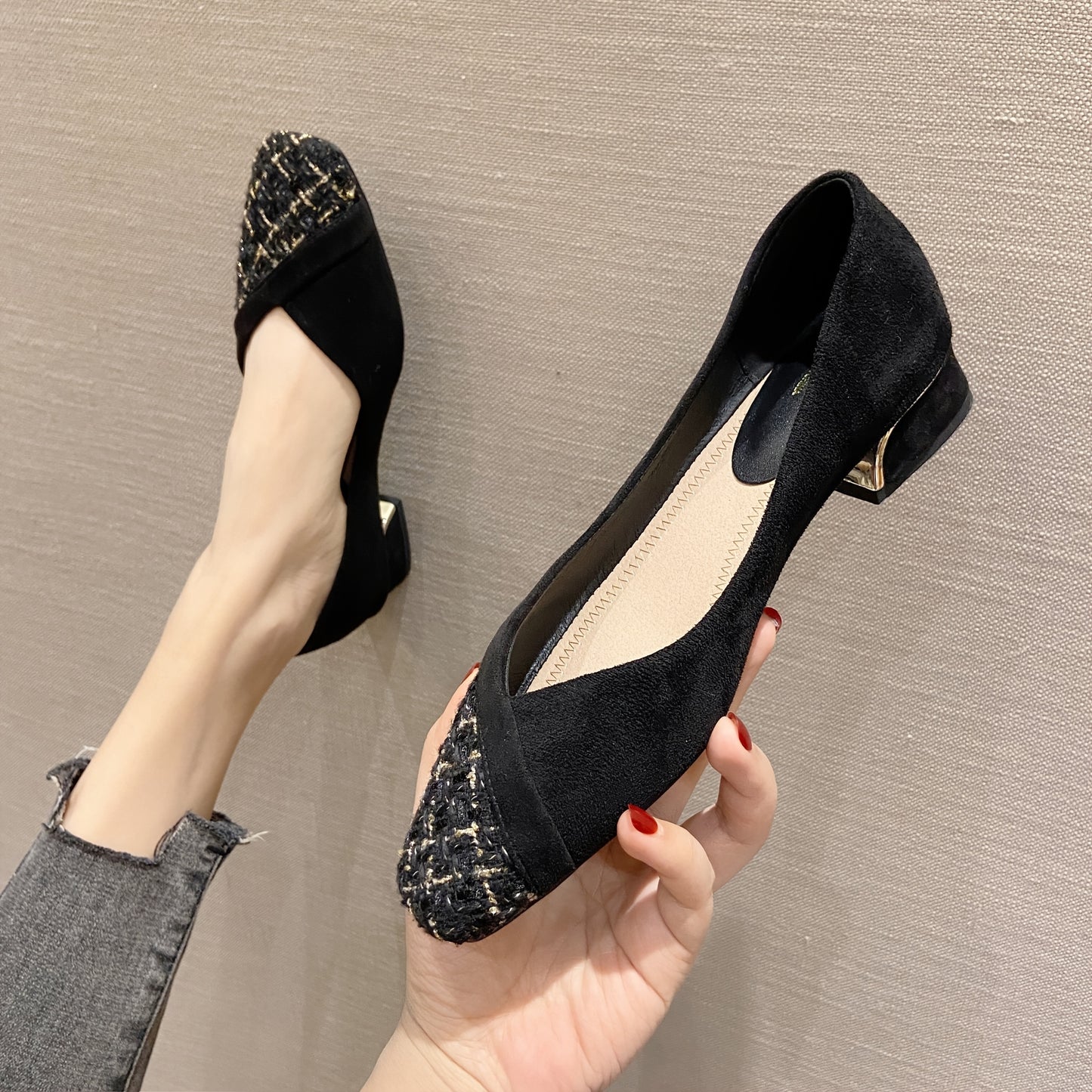 Women's Square Toe Comfy Slip-on Fashion Shoes with Block Heel and Closed Toe.