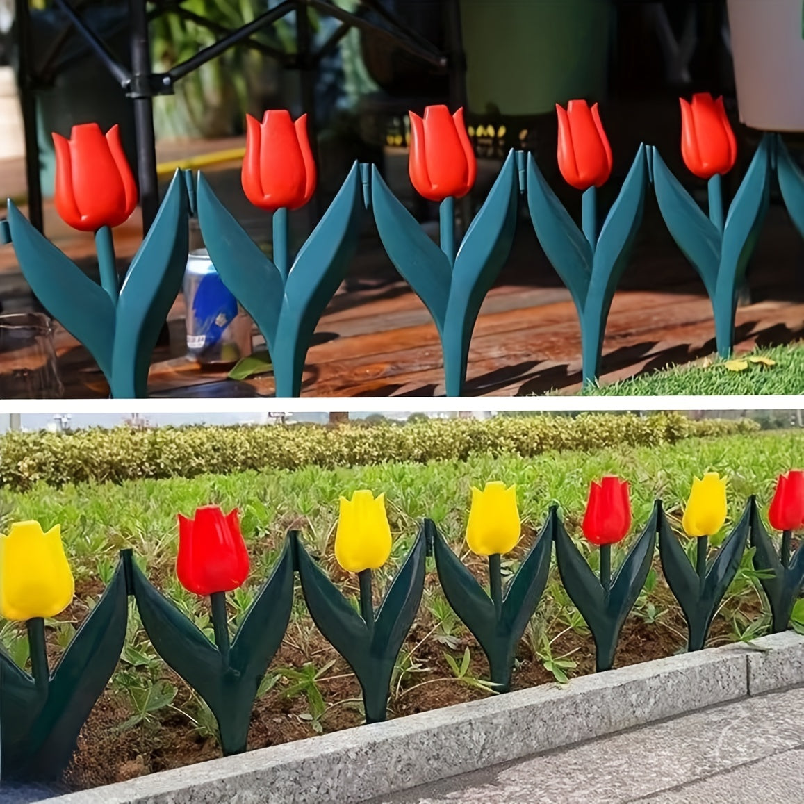 10 plastic tulip-shaped garden fence pieces for easy assembly and decoration in fairy gardens or outdoor yards with a red and yellow tulips design.