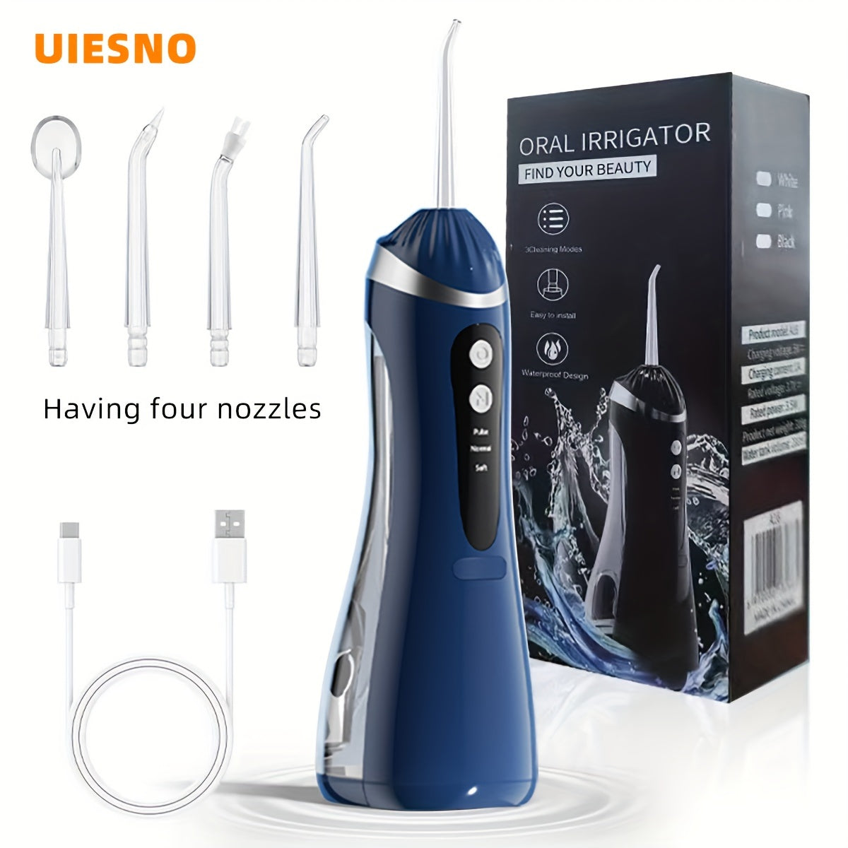 Wireless portable electric water flosser with 3 modes, large water tank. Comes with 1 main unit and 4 nozzles. Ideal for home or travel use.