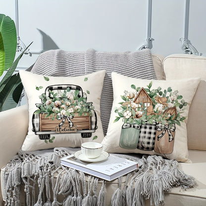 Set of 4 Farmhouse Throw Pillow Covers featuring Eucalyptus Leaves and Stripe design, measuring 45.72*45.72cm. Ideal for home decor in porch, patio, couch, sofa, living room, or outdoor spaces. Perfect gift idea, no pillow inserts included.