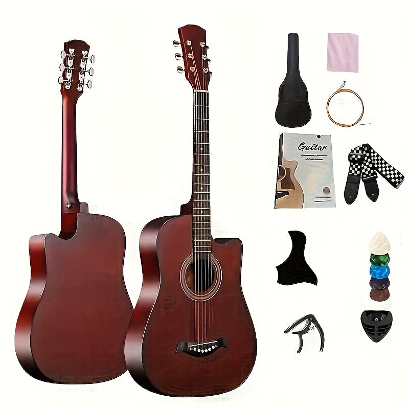 Comprehensive acoustic guitar starter kit with premium basswood guitars in various colors, accessories, and teaching materials - perfect for all skill levels, including beginners and